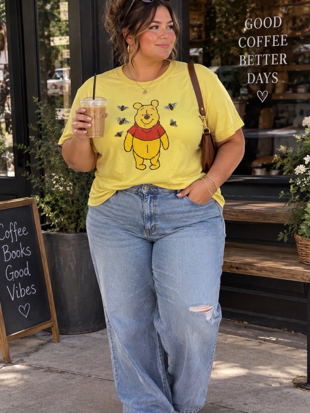 Freeze Disney Winnie the Pooh Yellow Tee W/Pixelated Cross Stitch Pooh Size XL
